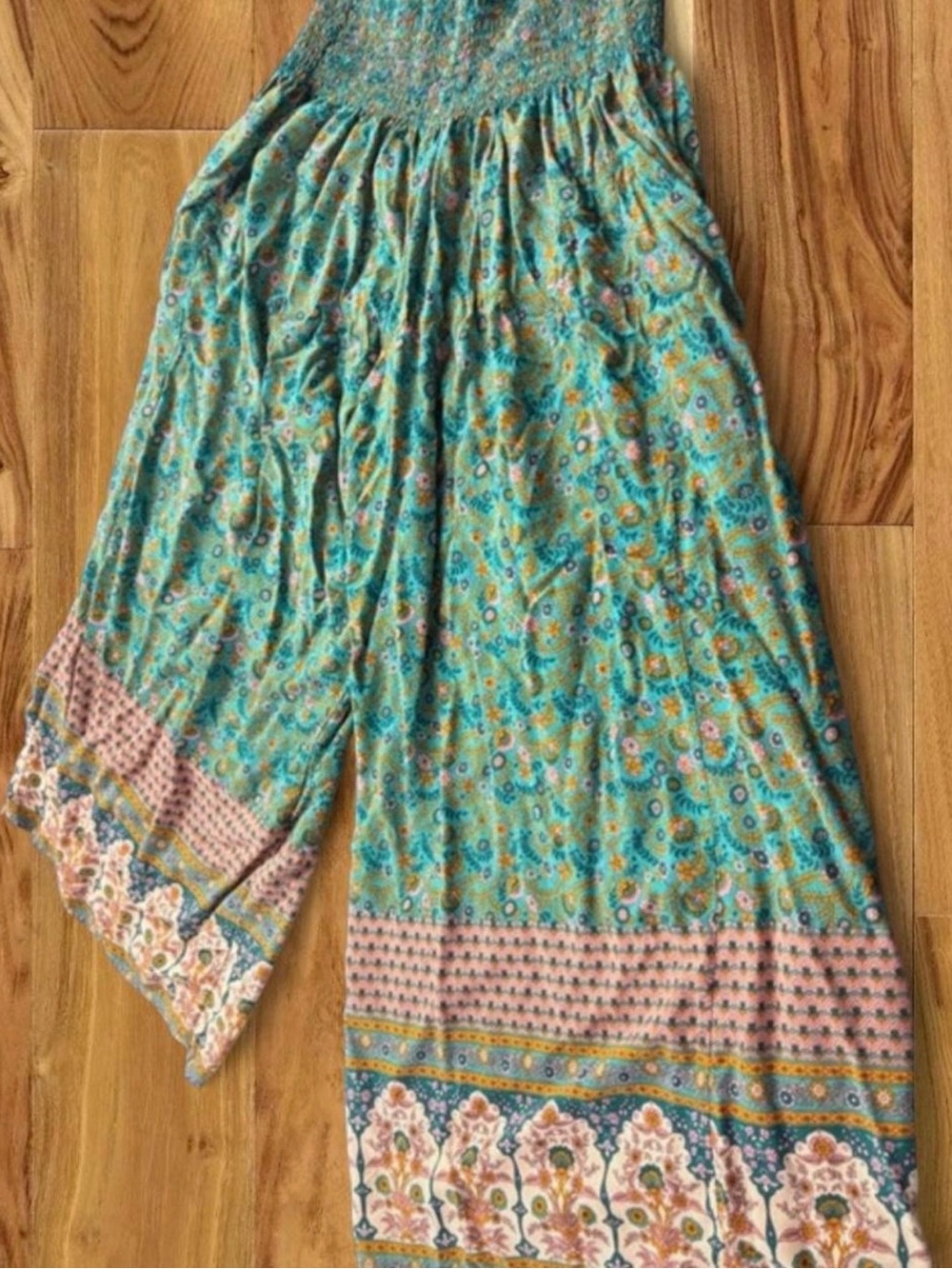 NATURAL LIFE Turquoise Floral Wide Leg Pants with Pink Border Trim